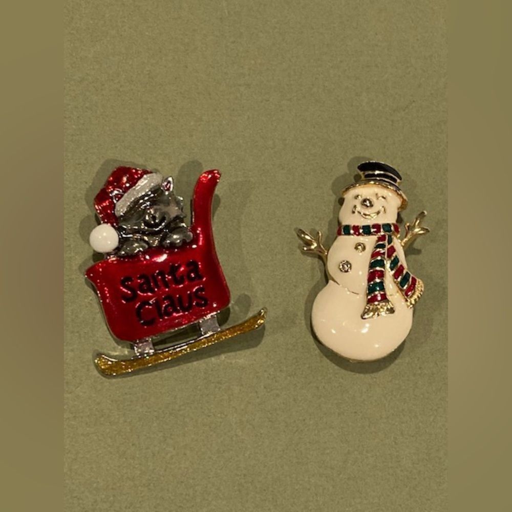Lot of 2 Cute Christmas Enameled Pins: Cat Santa Claus & Snowman, 2” Tall